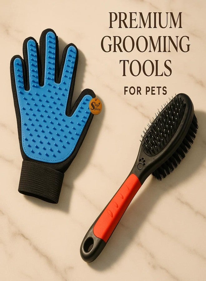 Sage Square Pet Grooming Combo | Plastic Handle Double Sided Brush Comb 17.5cm with Metal Pins & Soft Bristles | One-Sided Deshedding Glove for Bathing, Massaging & Hair Removal | Dogs & Cats - Image 2